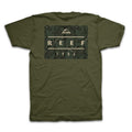 Back view of Leafline Short Sleeve Tee in olive green with tonal tropical print and REEF branding, comfortable casual apparel