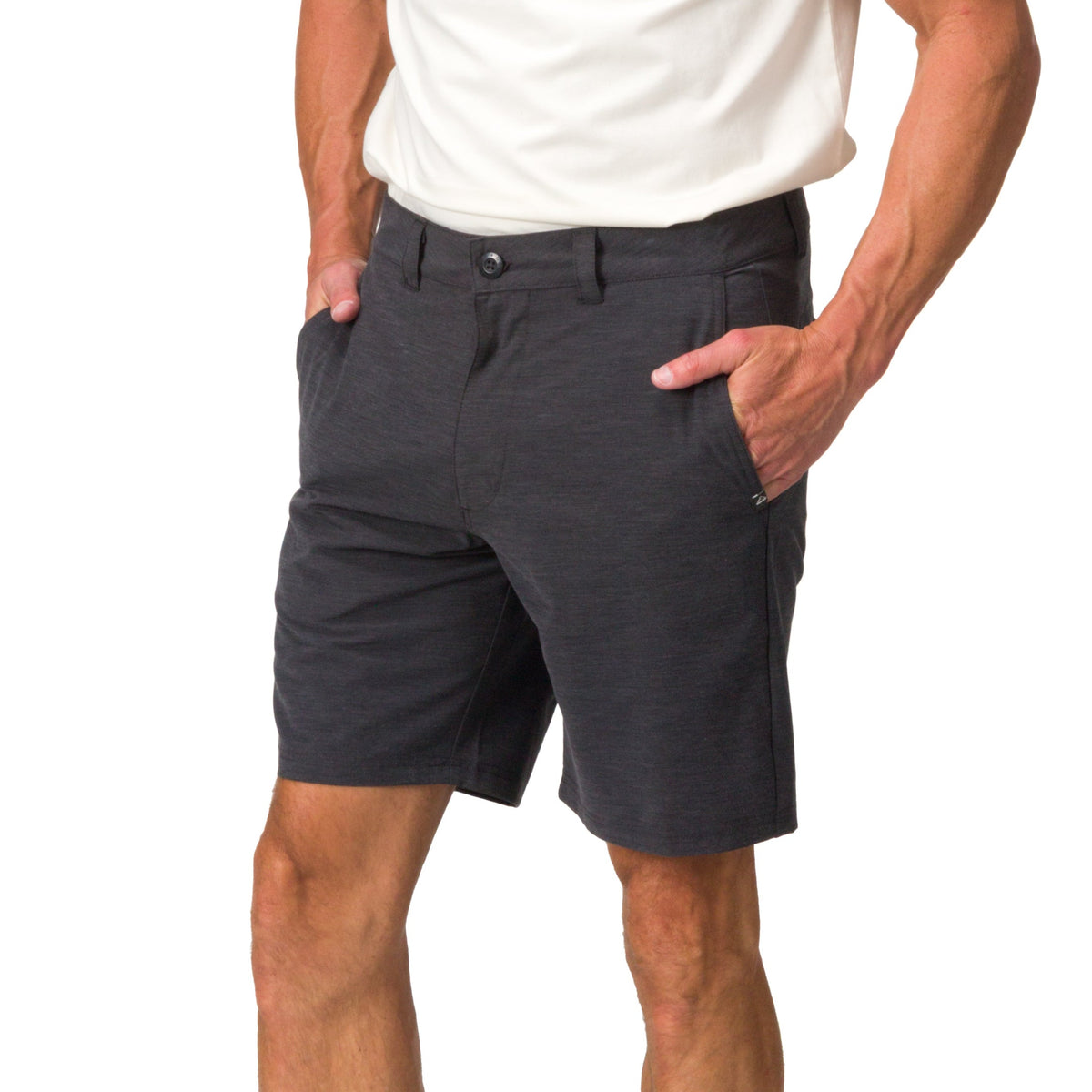 Front view of men's Destro Hybrid Short in dark fabric, featuring comfortable, beach-inspired design with pockets and button closure.