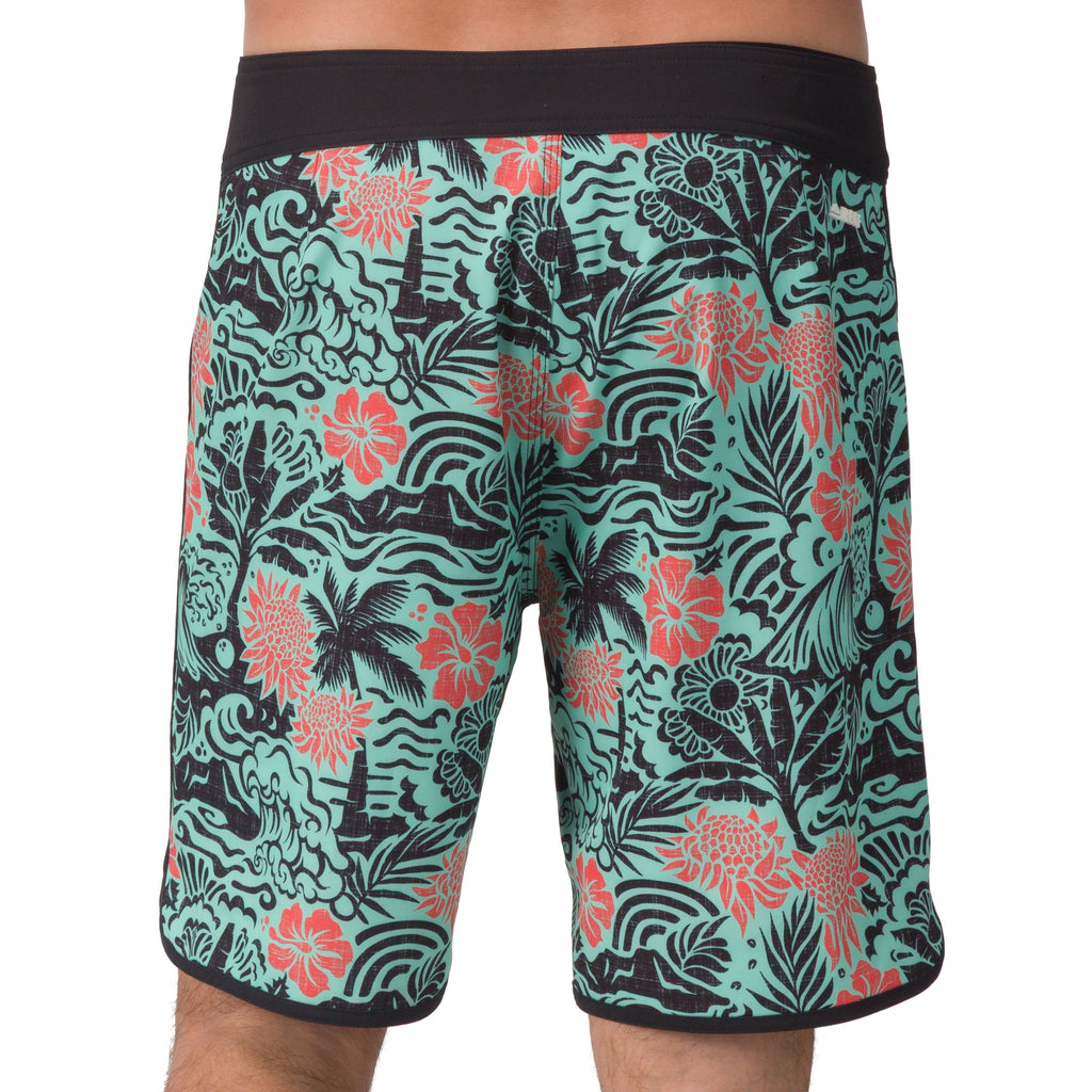 Back view of men's Fayder Boardshort with tropical pattern, surf-inspired design for beach comfort and durability.