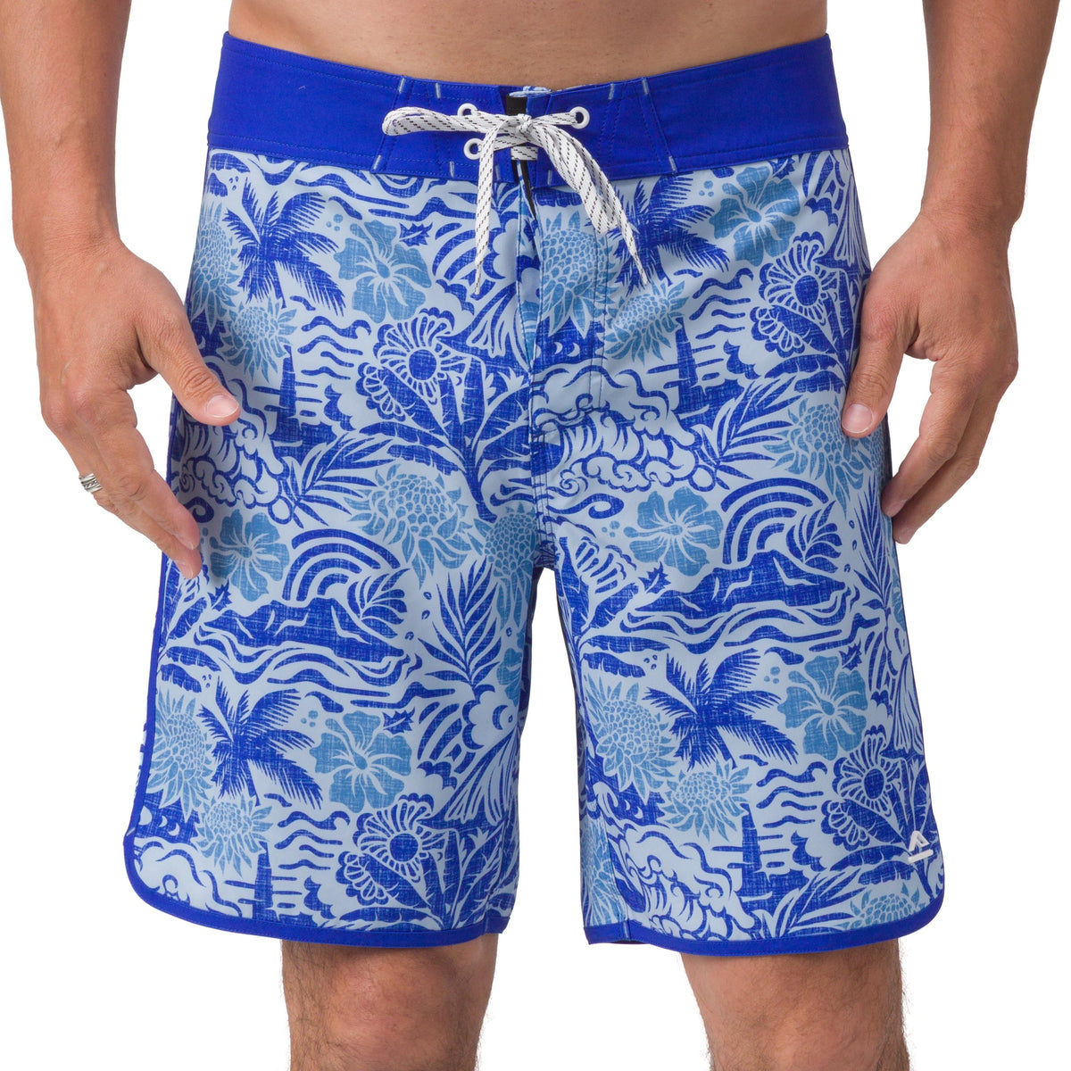 Front view of men's Fayder Boardshort with blue tropical print and adjustable drawstring waistband, beach-inspired comfort.