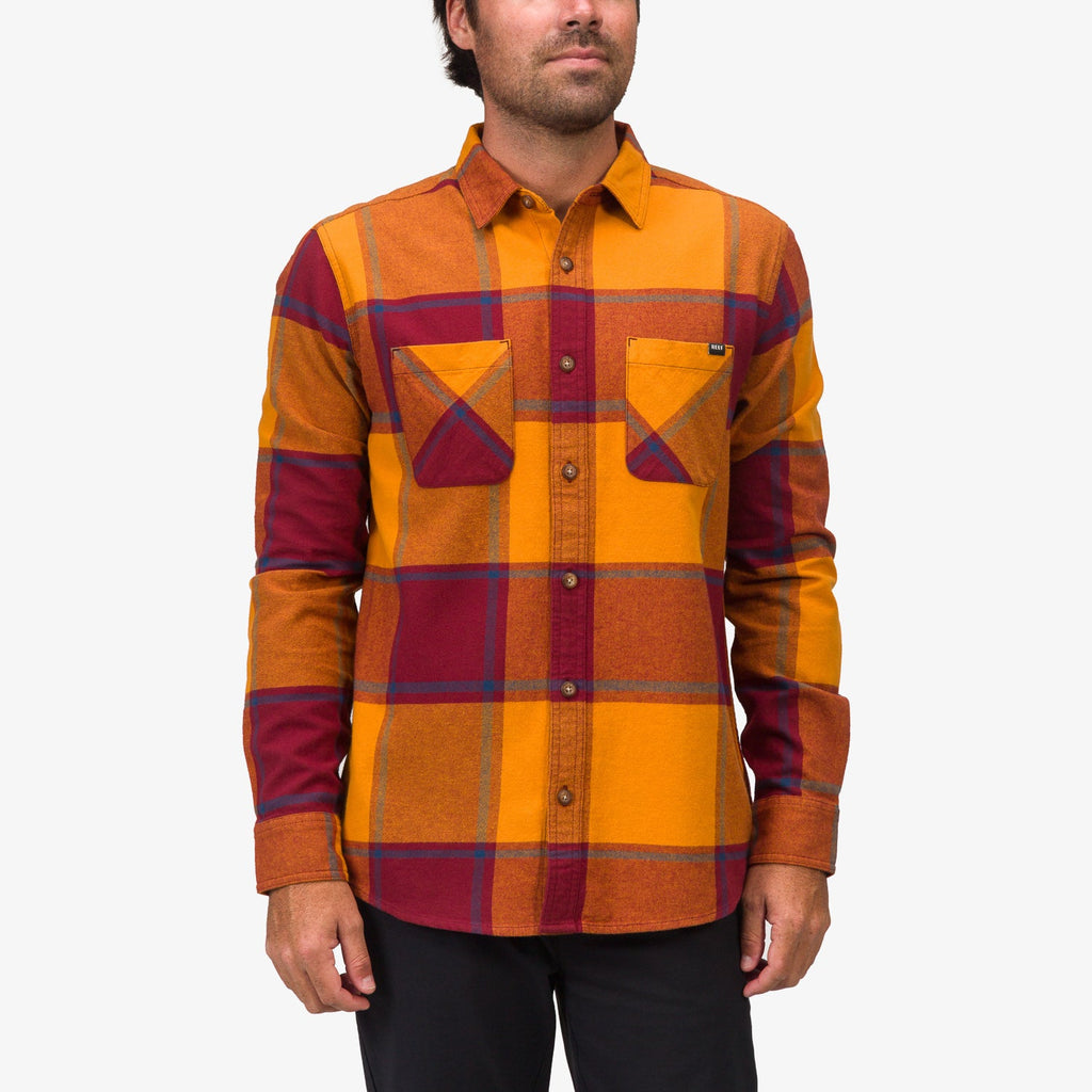 Front view of a man wearing the Morris Ls Wvn Shirt, a comfortable, beach-inspired men's plaid shirt.