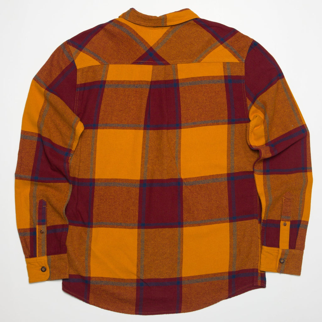 Back view of Morris Ls Wvn Shirt in orange and burgundy plaid, showcasing comfort-focused, durable beach-inspired apparel.
