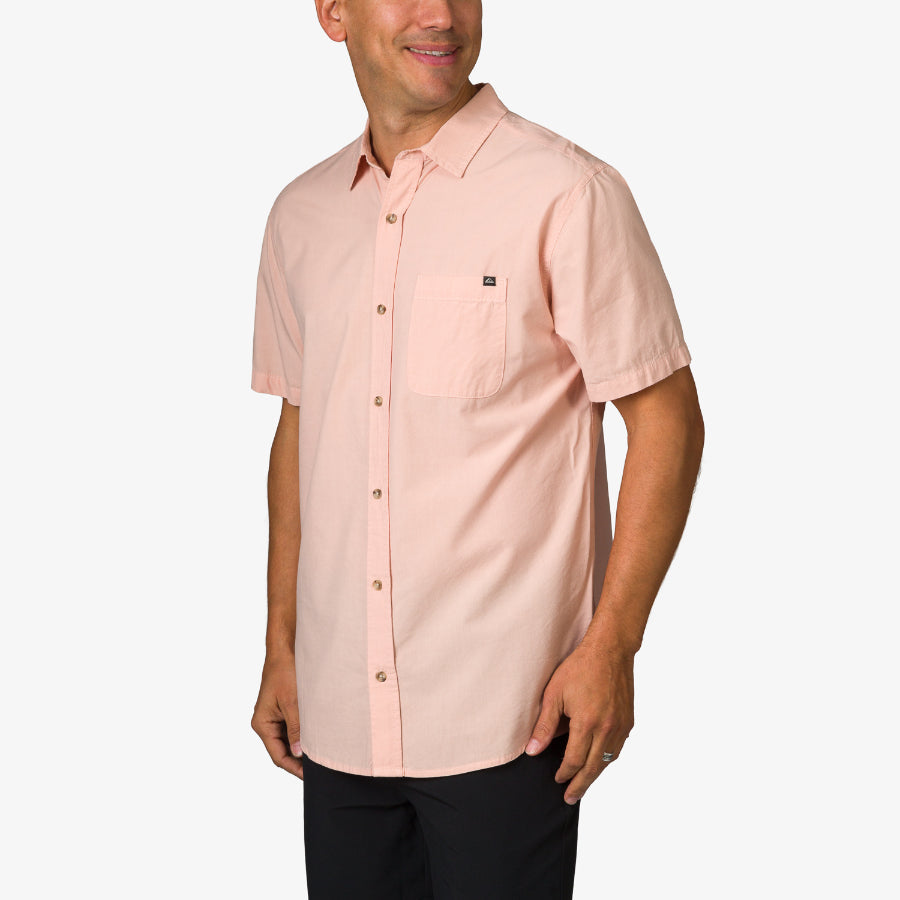 Men wearing a peach Collins Ss Woven Shirt showing front and side, casual beach-inspired apparel for adults.