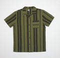Flat lay of olive and dark green striped Angelo Short Sleeve Camp Shirt with front pocket and button closure designed for beach lifestyles.