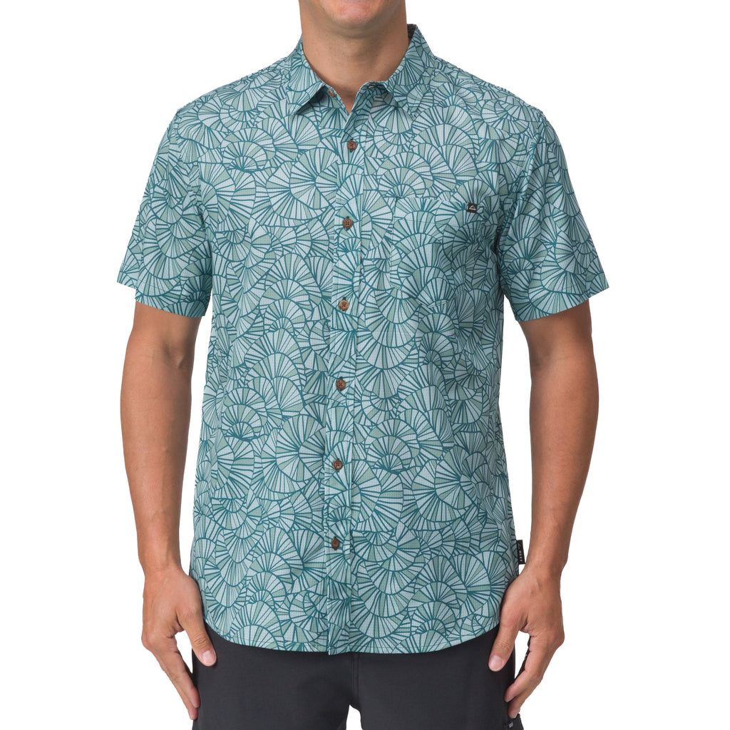 Front view of Hartman Woven Shirt in green with fan print, designed for men’s beach and everyday comfort apparel.