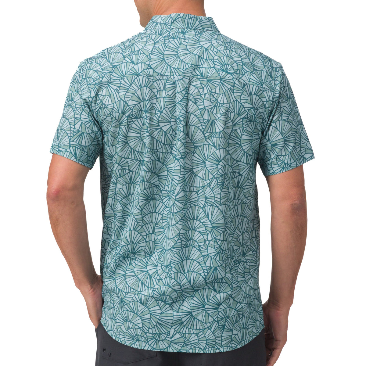 Rear view of men’s Hartman Woven Shirt in teal with fan pattern, lightweight and surf-inspired comfort apparel.