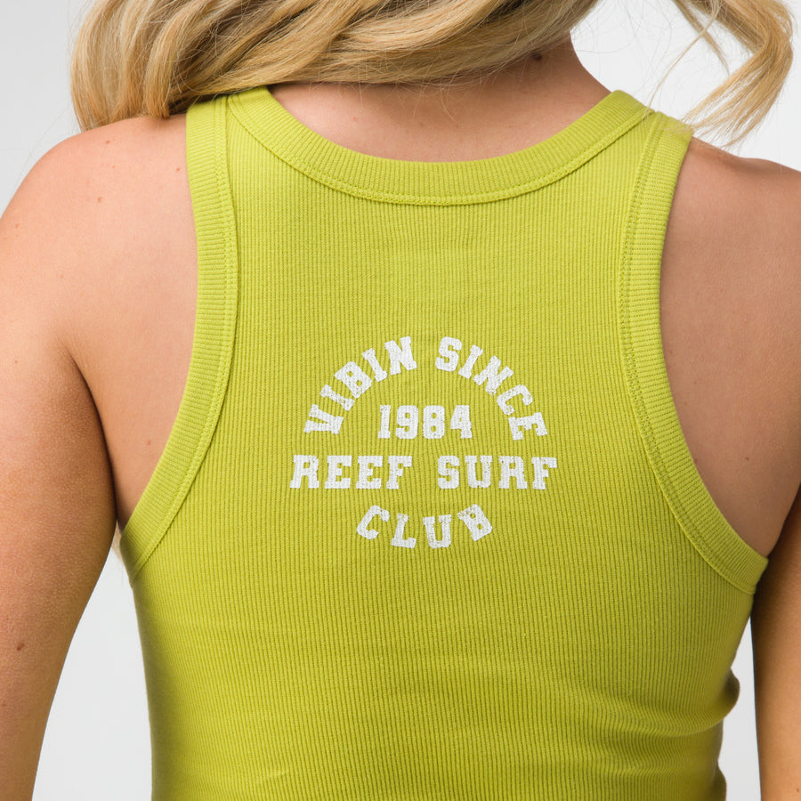 Back view close-up of Vibin Rib Tank in lime green ribbed fabric with white reef surf club print for women.