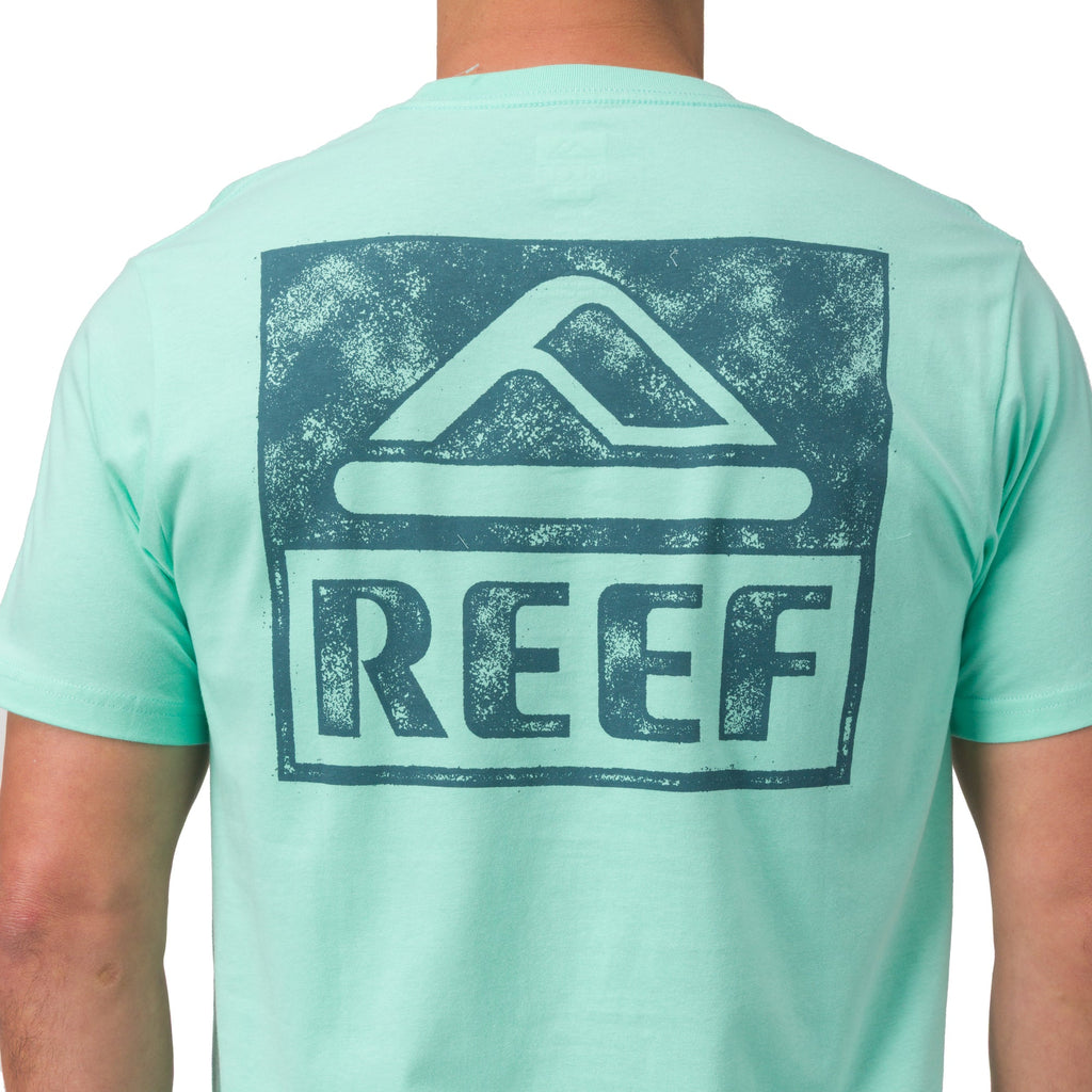 Back view of a man wearing a mint green Wellie Too Tee with a large dark blue REEF logo, casual beach apparel.
