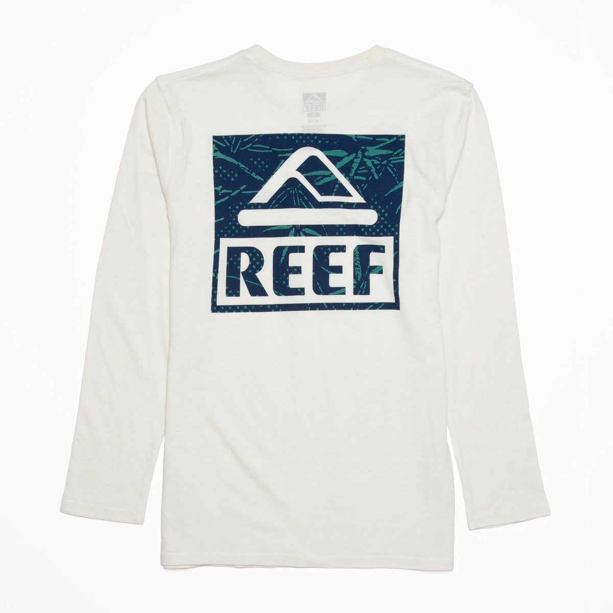 White Wellie 24 Long Sleeve Tee shown from the back with large blue REEF logo, lightweight beach-inspired apparel.