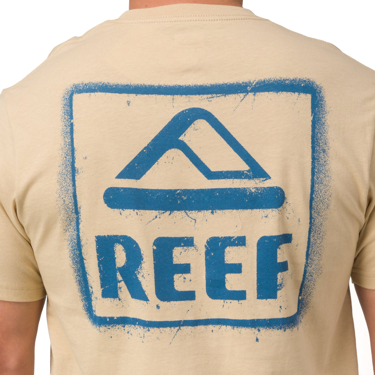 Back view of a man wearing a beige Xavier Tee featuring a blue distressed REEF logo, highlighting comfort and surf-inspired style.