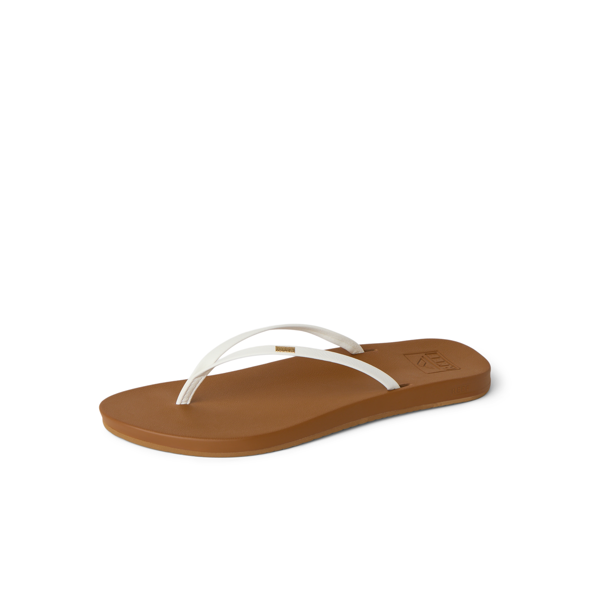 Cushion Slim women's sandal facing right, white straps with tan cushioned footbed, surf-inspired comfort and arch support.