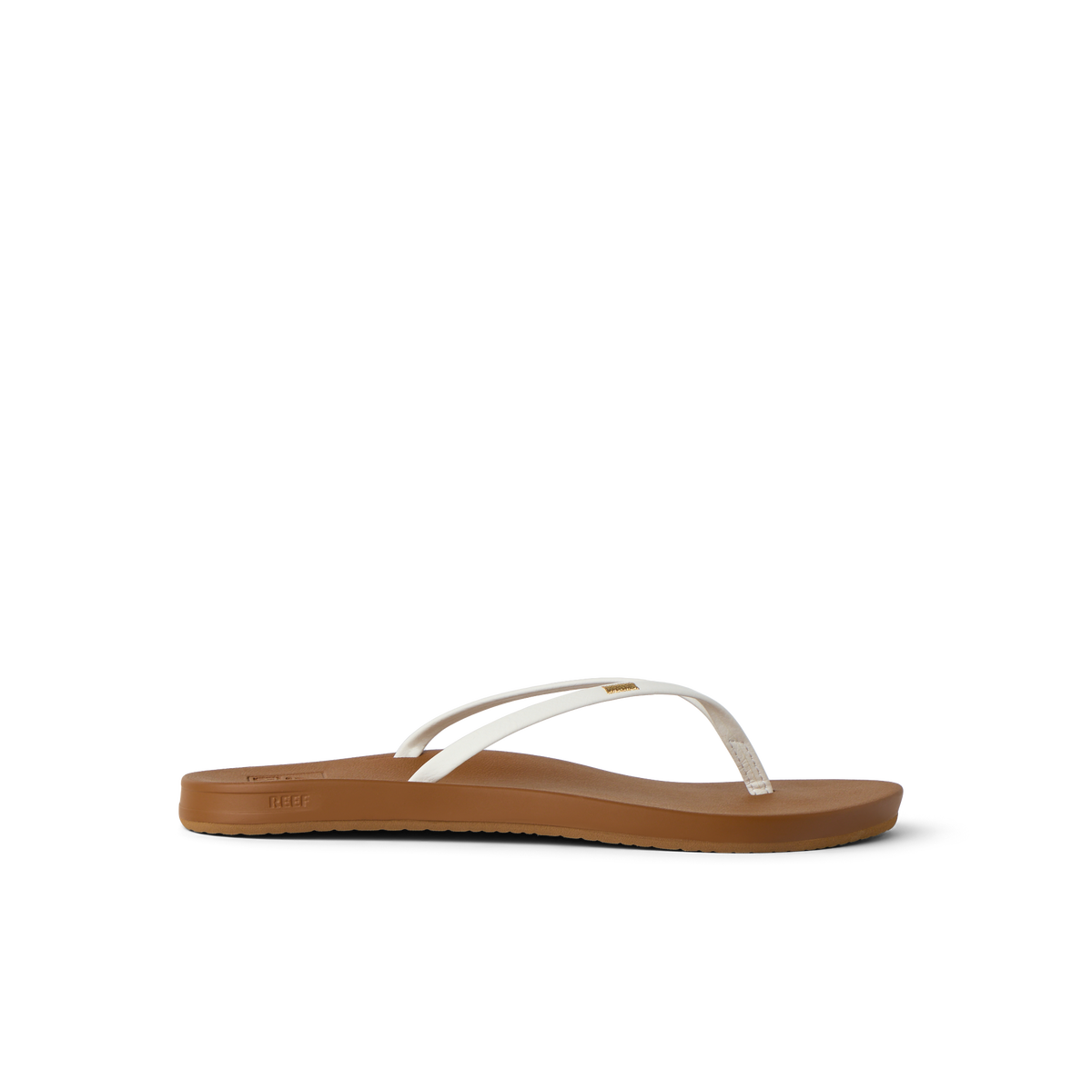 Cushion Slim white and tan women's flip flop facing left, showcasing water-friendly lightweight comfort and arch support.