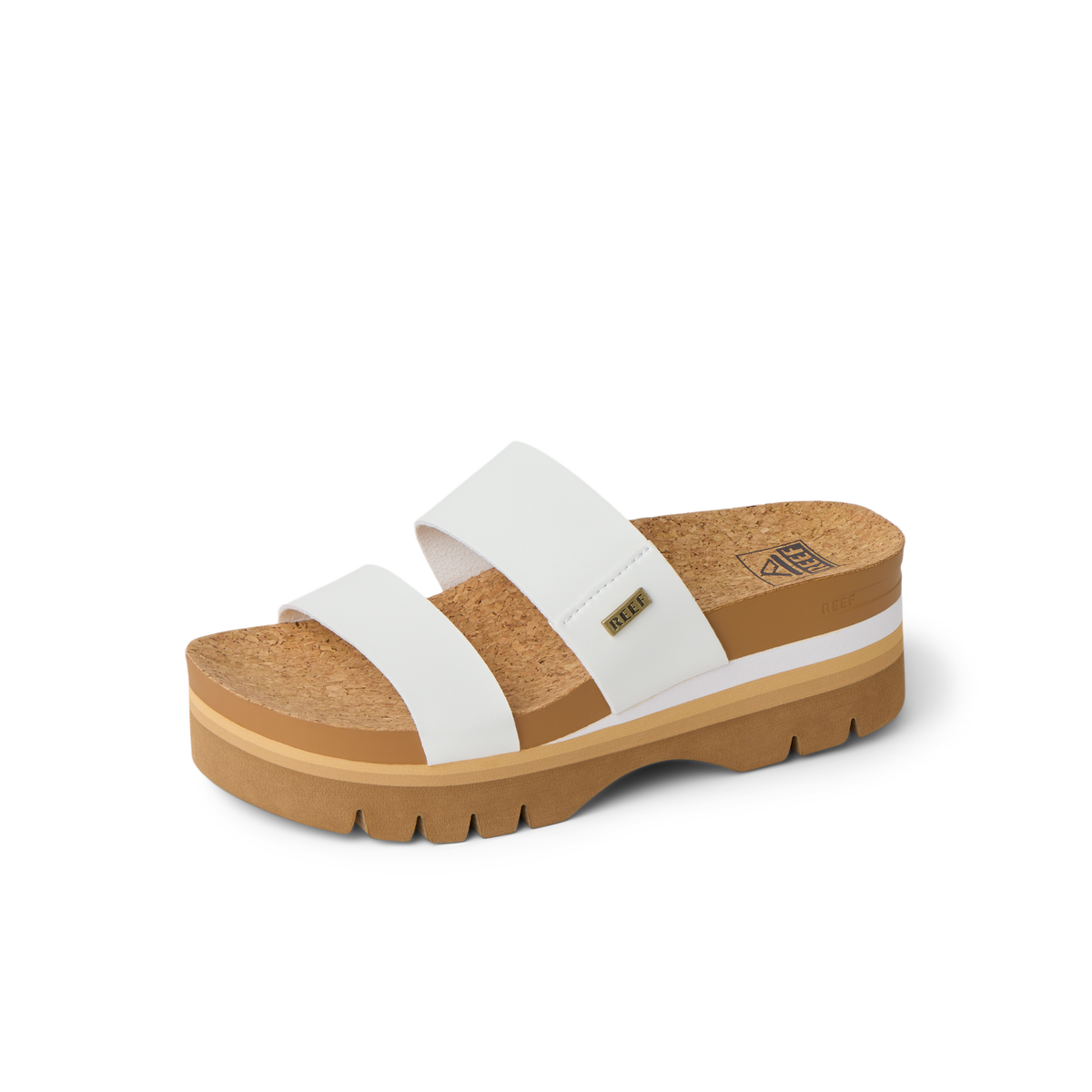 Cushion Vista Higher sandal facing right with white straps, cork footbed, and ridged sole for beach comfort.