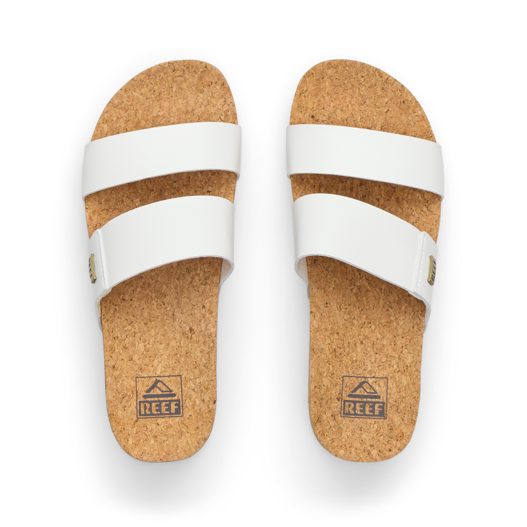 Top view of Cushion Vista Higher women's sandals with white straps and cork footbeds, designed for comfort and beach wear.