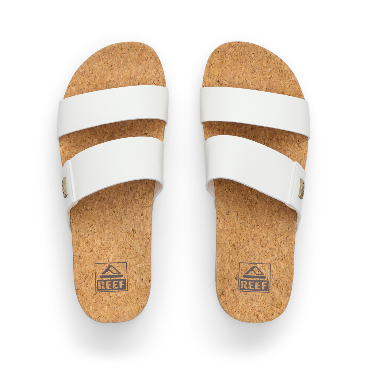 Top view of Cushion Vista Higher women's sandals with white straps and cork footbeds, designed for comfort and beach wear.