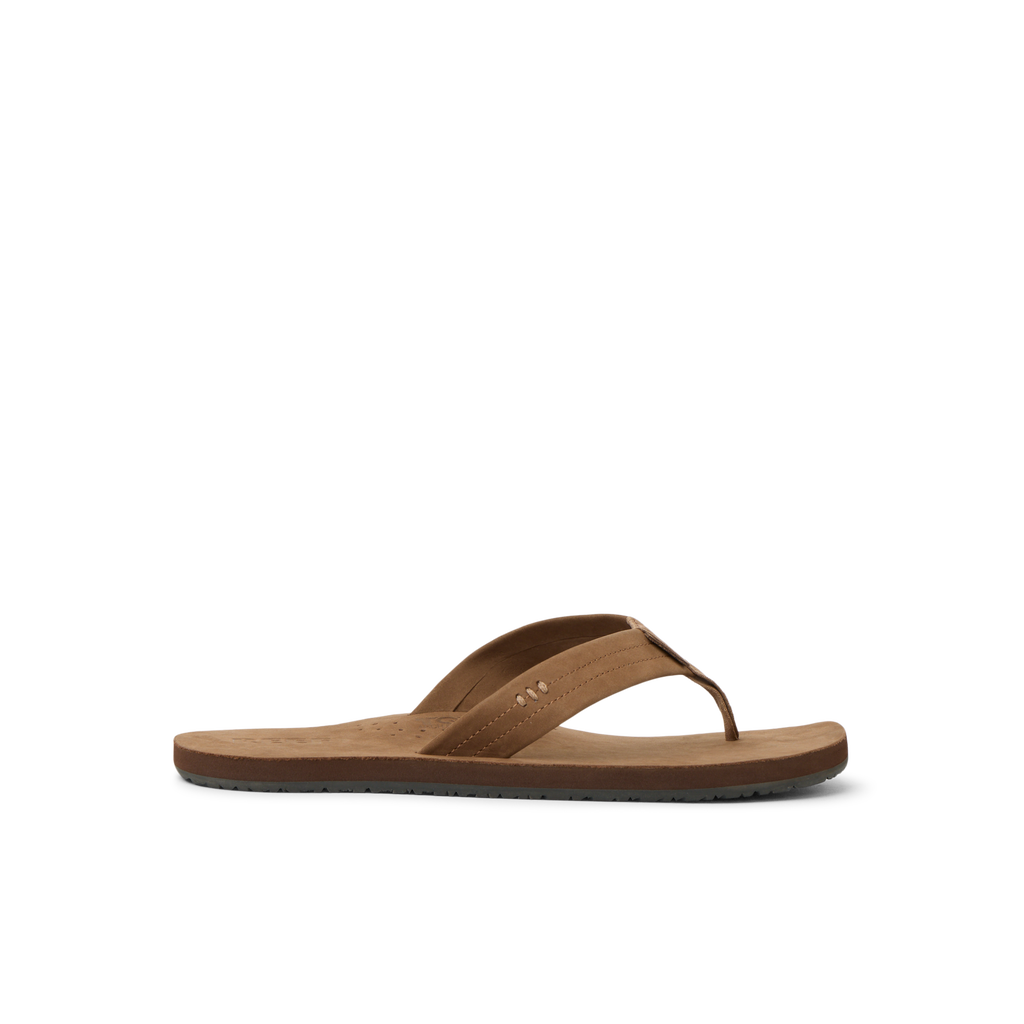 Reef Draftsmen brown men's sandal facing left with soft-rebound cushioning and anatomical arch support for beach comfort.