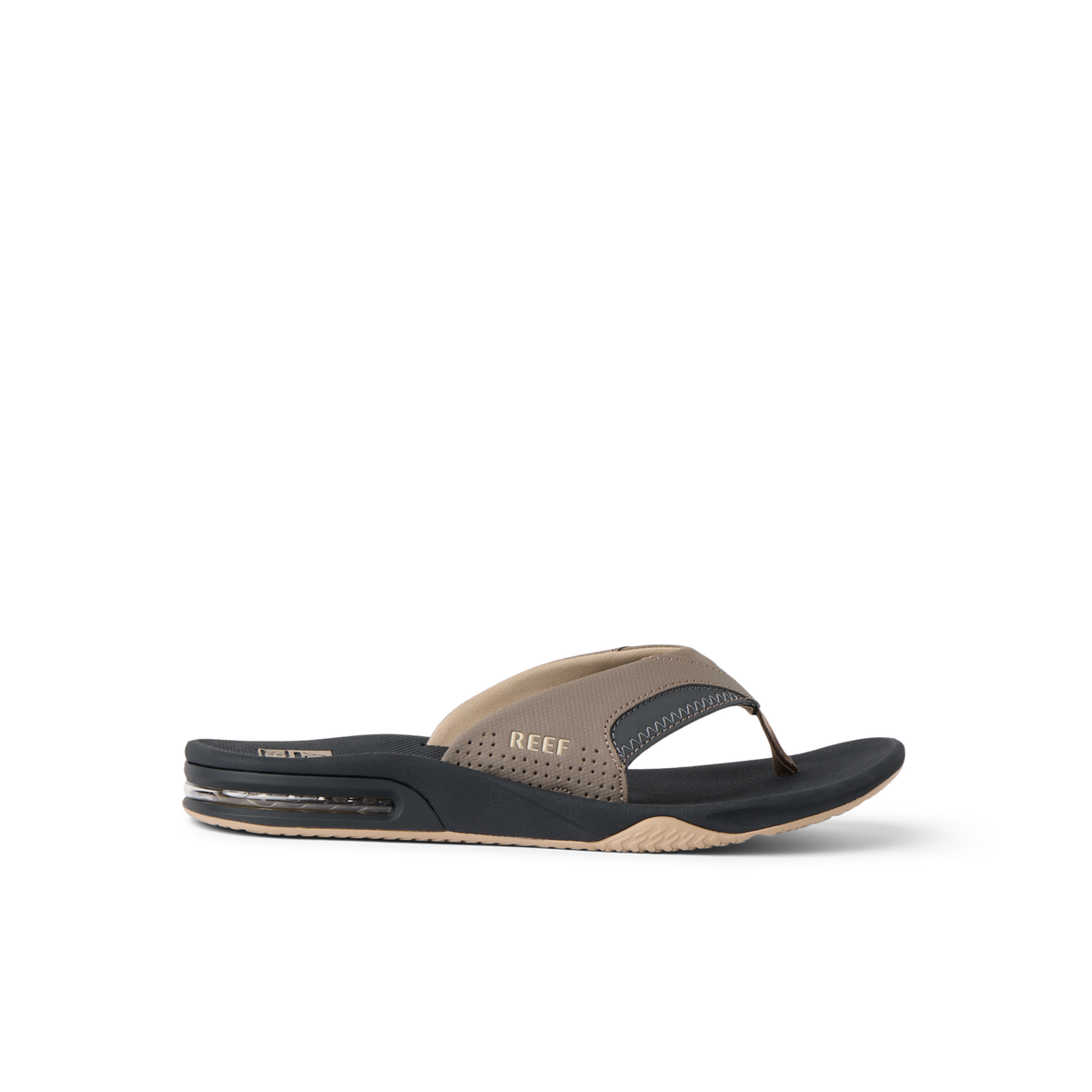 Fanning facing right, men's brown synthetic nubuck flip flop with cushioned footbed and air-cushioned heel for comfort