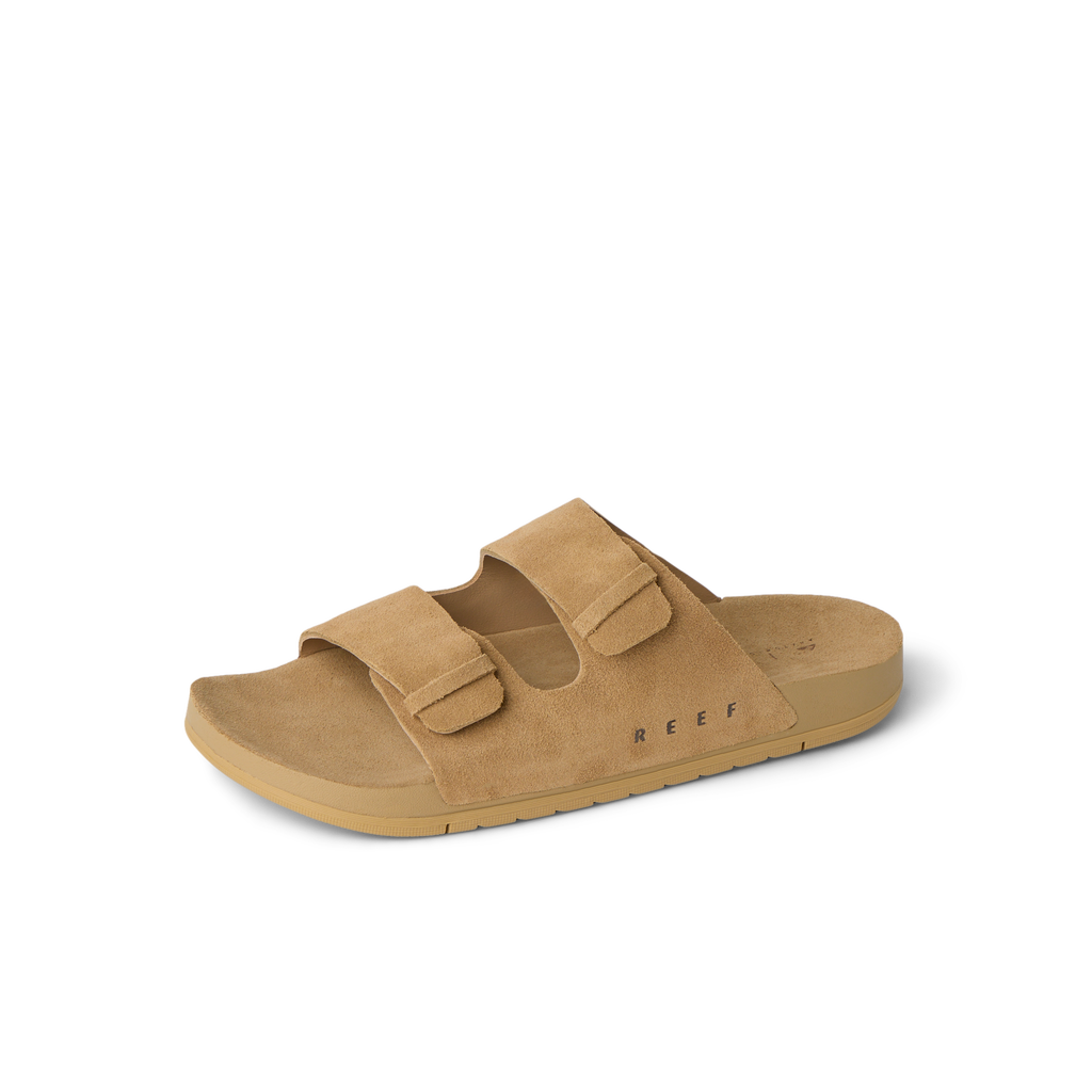 Ojai Two Bar sandal facing right, close-up of tan suede upper with dual straps and comfort footbed for women.