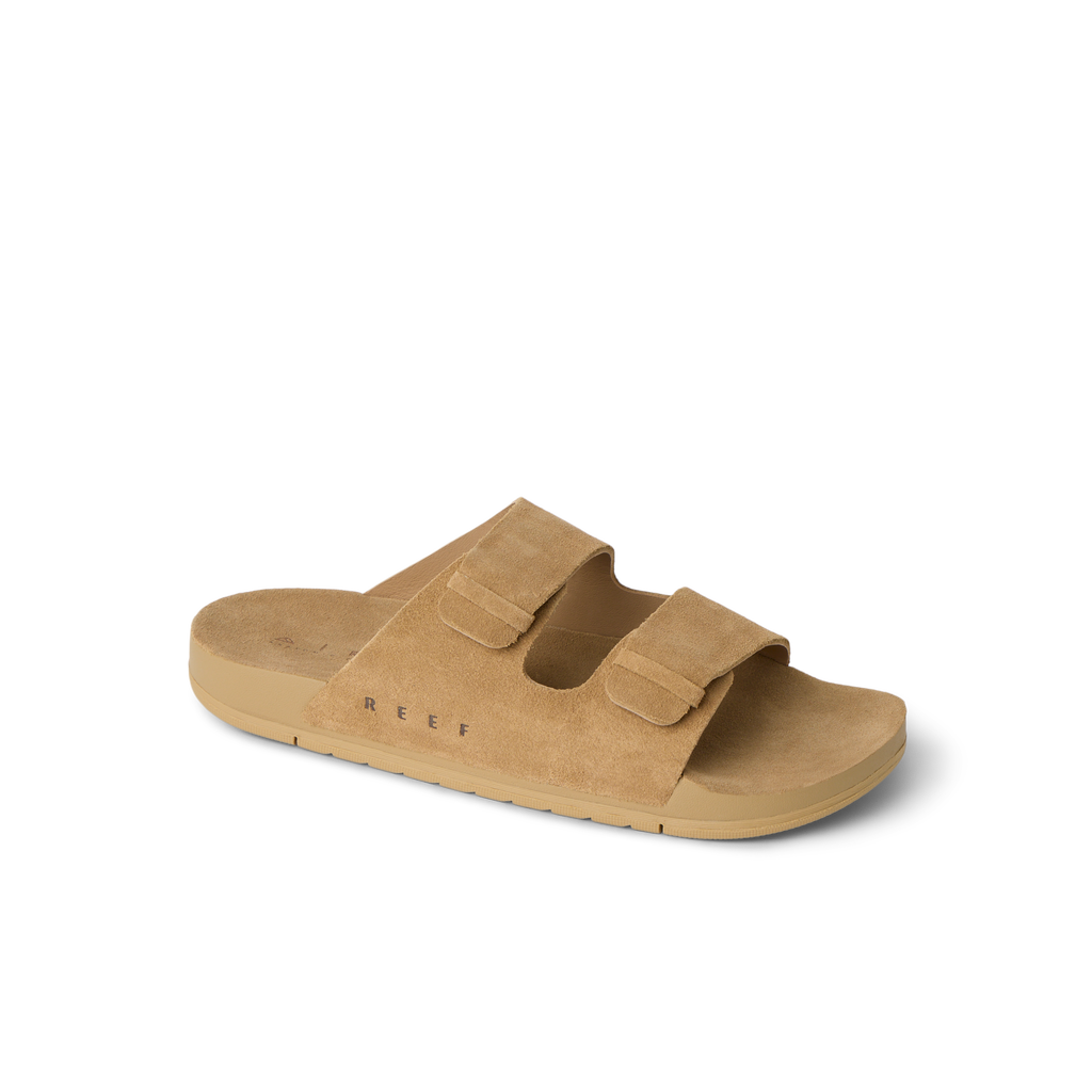 Ojai Two Bar slide sandal facing left, showing side view with dual straps in tan suede and soft cushioning for comfort.