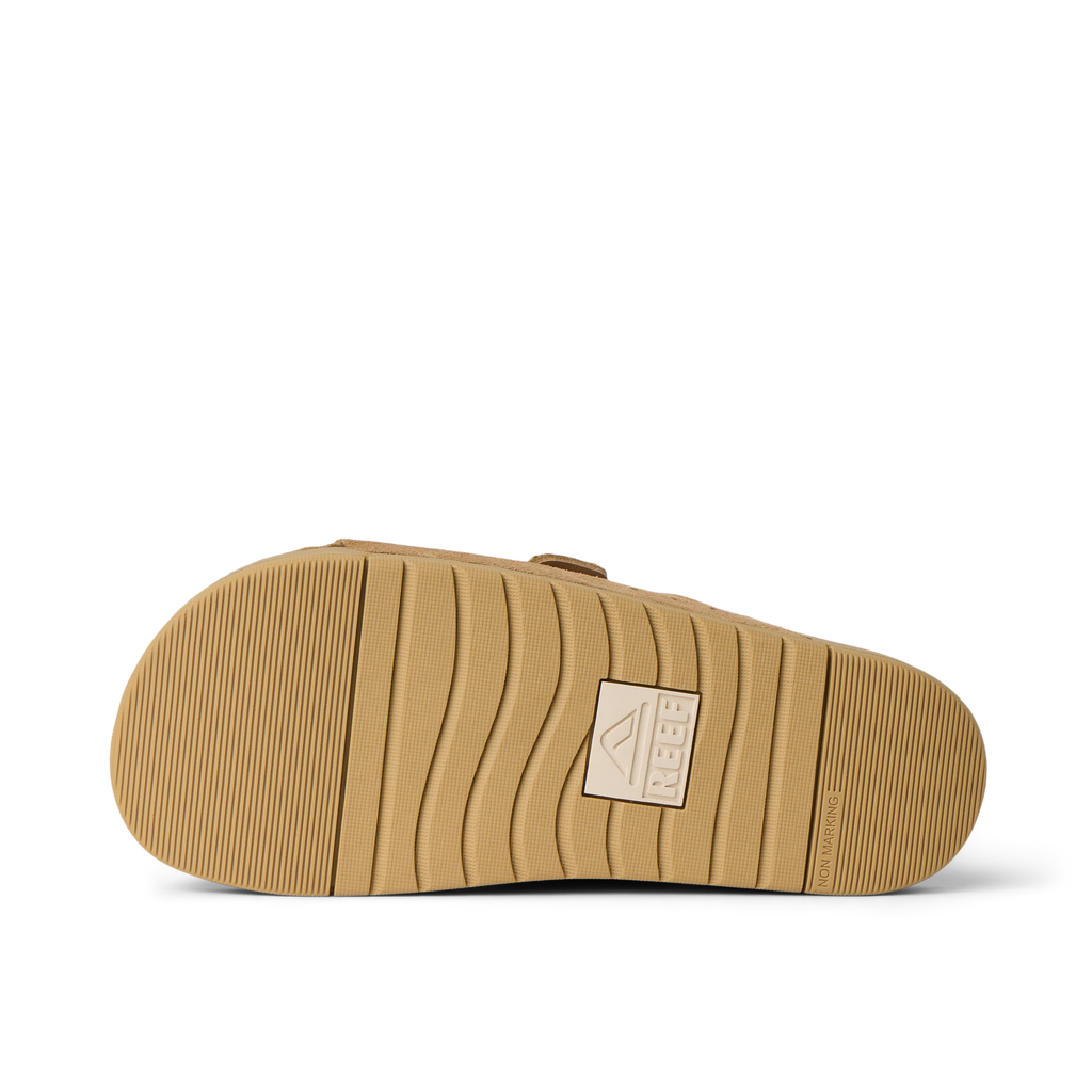 Ojai Two Bar sandal sole view facing up, showing durable tread with textured grip and brand logo, beach-inspired comfort design.