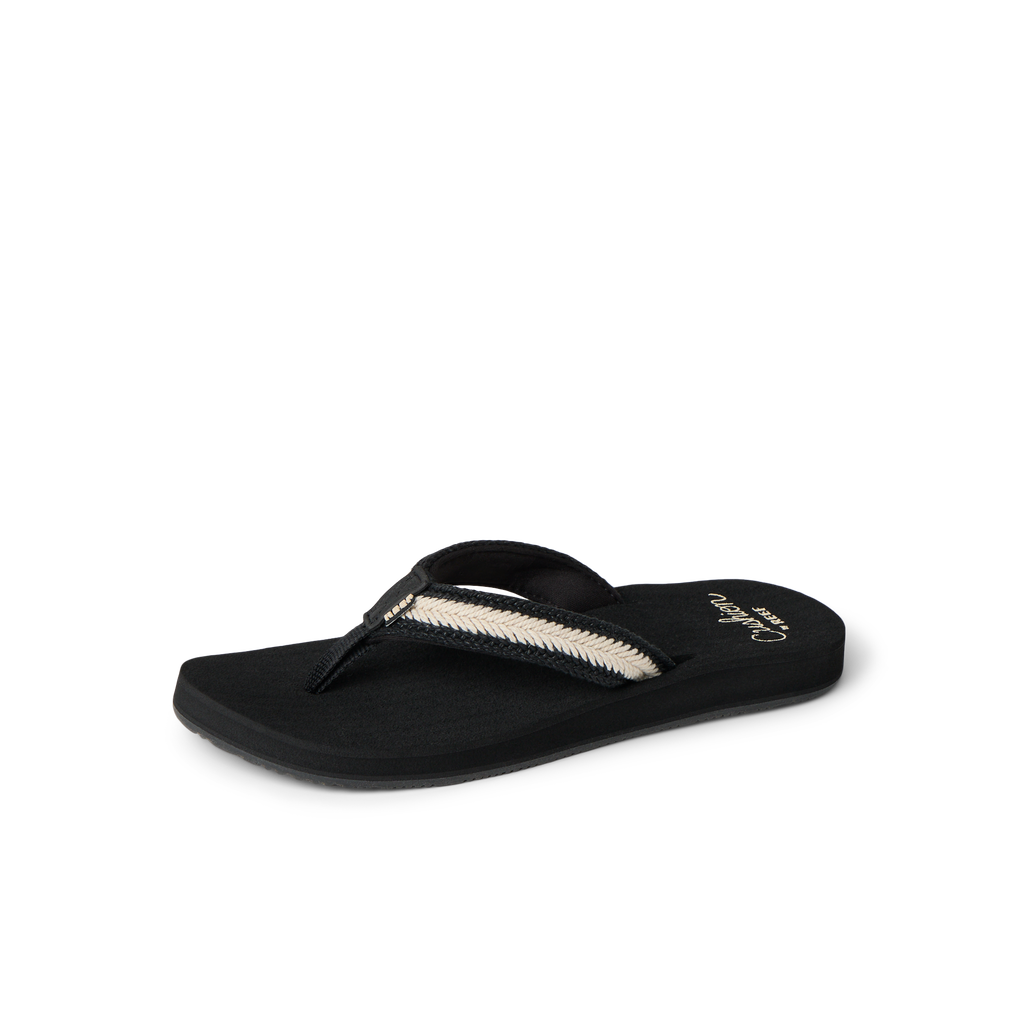 Baja Maria women's black flip flop facing left, close-up of toe strap with cushioned arch support for beach comfort