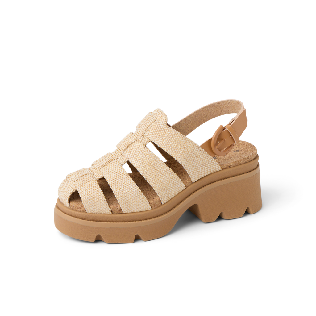 Vista Luxe Lucie women's sandal facing left, platform sole with cushioned arch support, woven raffia upper close-up.