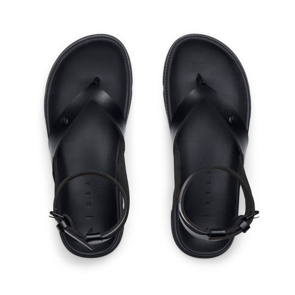 Vista Luxe Sierra black sandals for women, top view showing toe post and adjustable ankle straps, comfort-focused design.