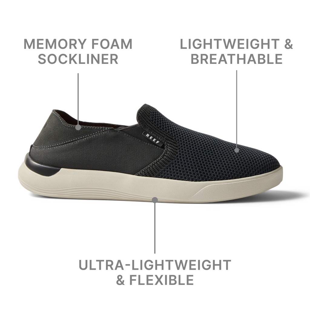 Neptune Slip-On shoe, right side view showing lightweight breathable upper and memory foam sockliner features.