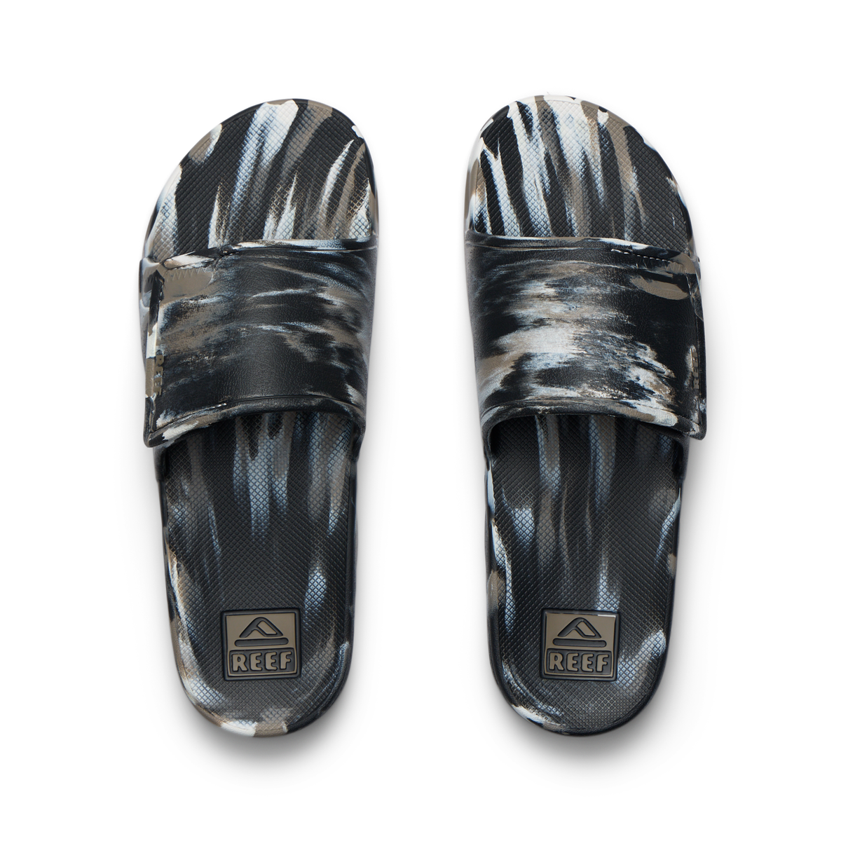 Top view of Fanning Slide H2O men's water-friendly slides with cushioned footbeds and camo marble pattern facing upward.