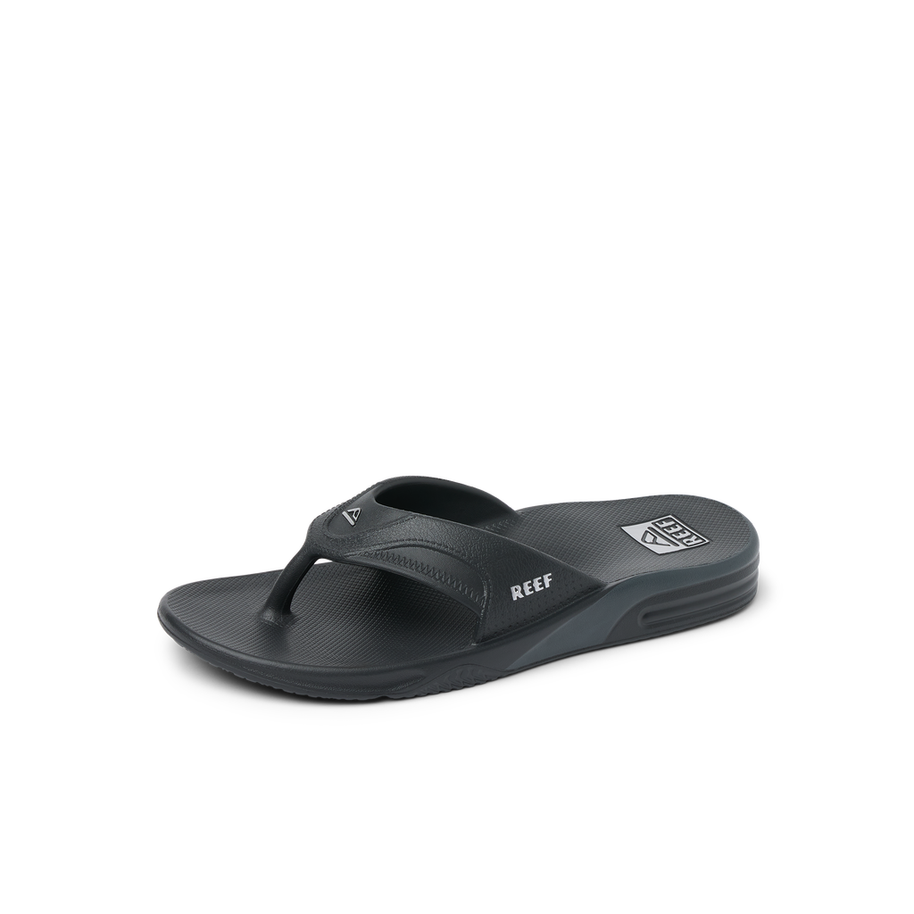 Fanning H2O men's black and silver flip flop facing left with water-friendly, cushioned sole and anatomical arch support.