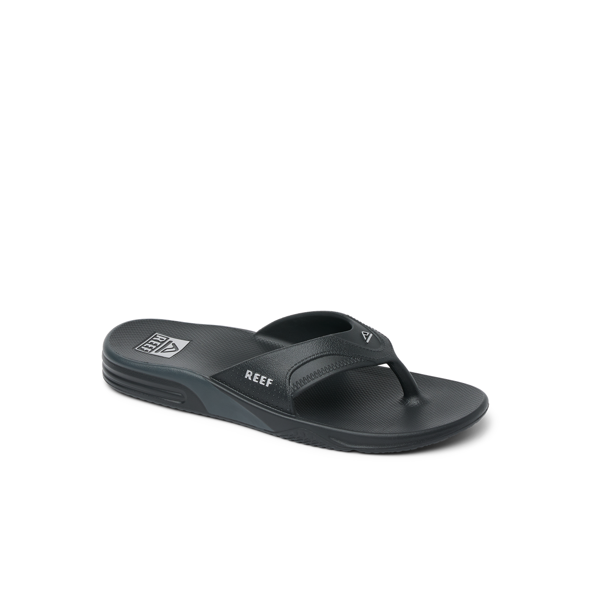 Fanning H2O men’s black and silver right-facing sandal showing top and side with arch support and cushioning