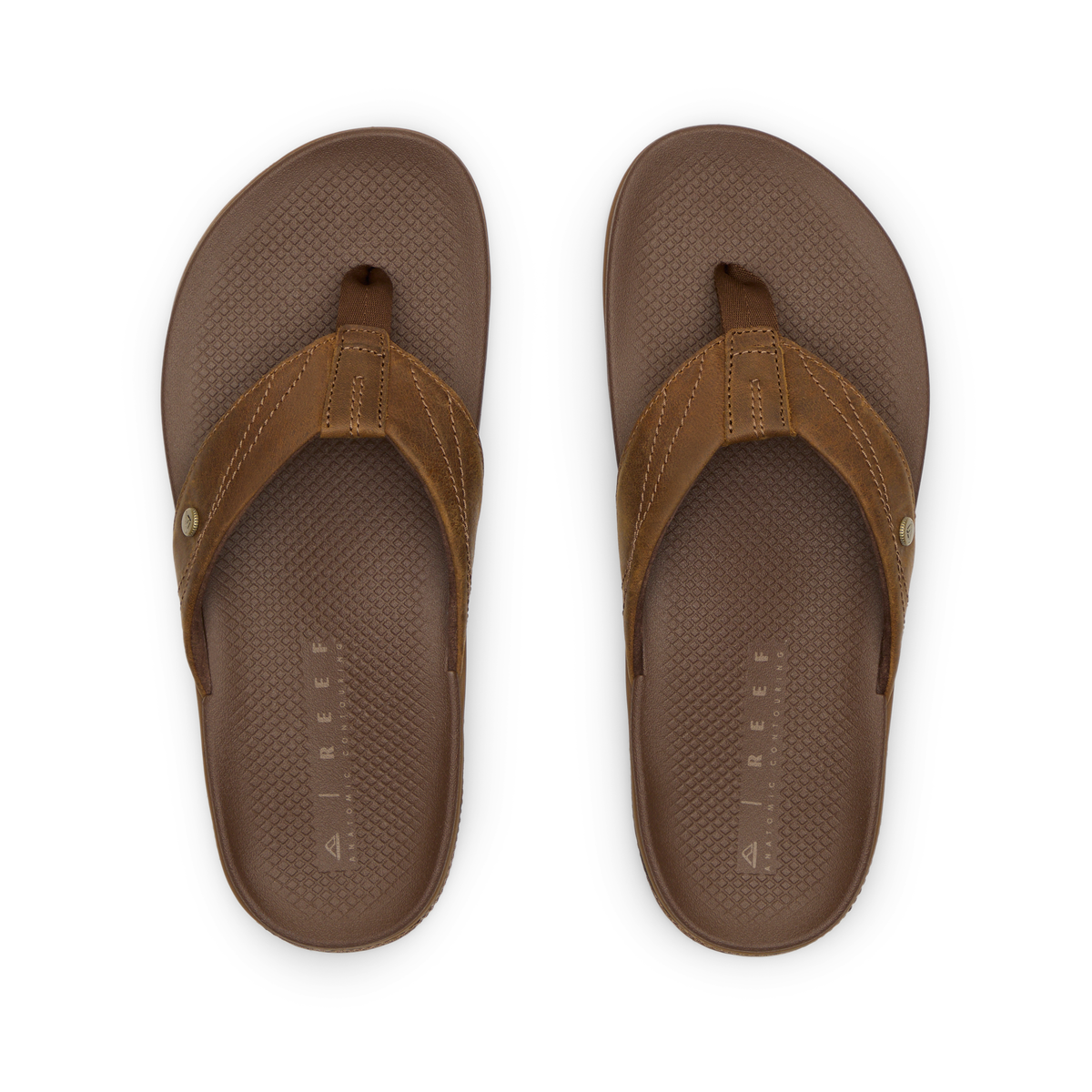Top view of Phantom Lux men's brown flip flops with anatomical arch support and soft-rebound cushioning for beach comfort.