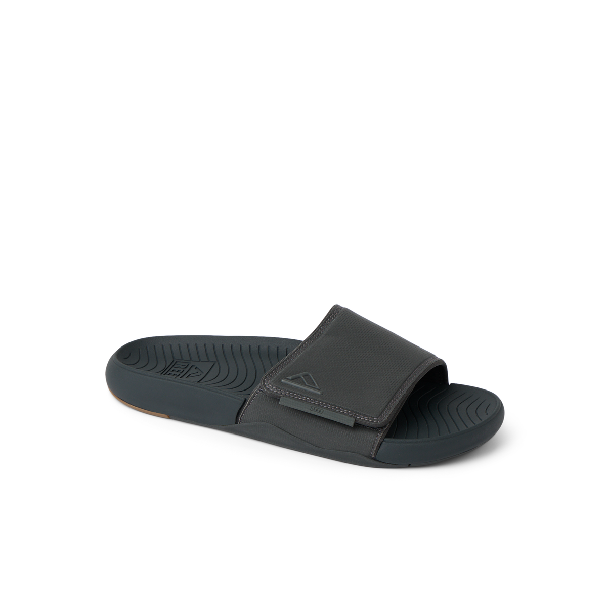 Phantom Slab men's black slide sandal facing left, showing top and side with padded strap for comfort and arch support.