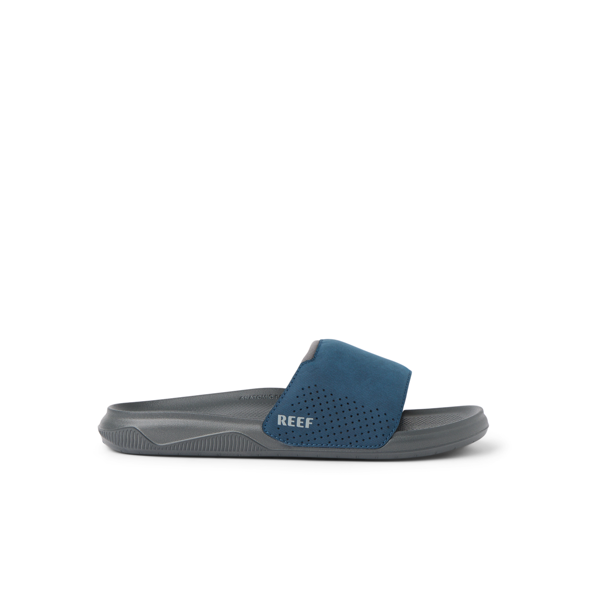 Tailslide men’s slide sandal facing left with navy soft-rebound cushioned strap and anatomical arch support, beach comfort