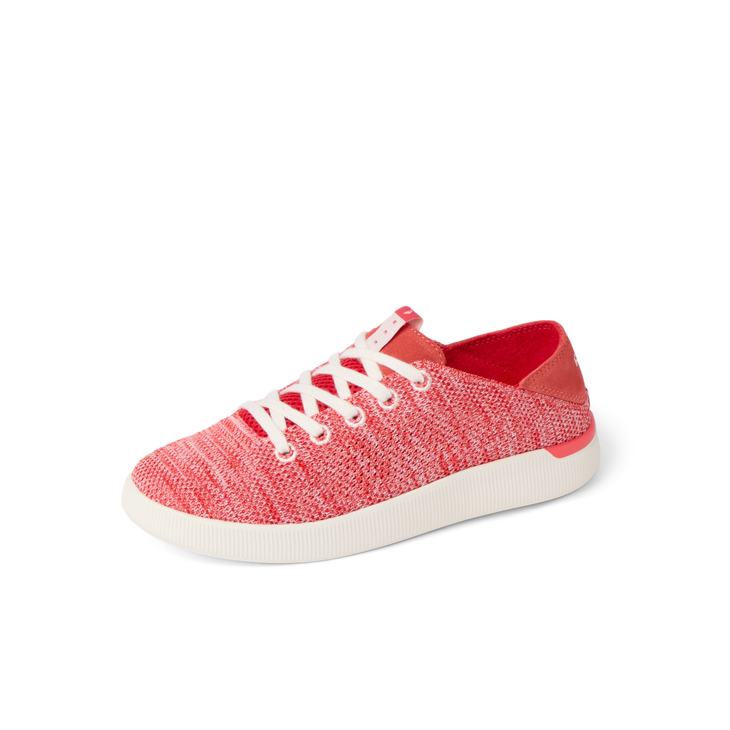 Reef Neptune women's red knit sneaker facing right, close-up of lightweight, cushioned upper and sole.