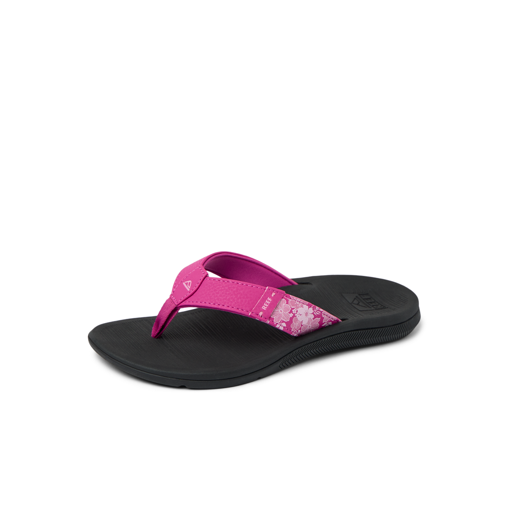 Santa Ana women's sandal facing left with fuchsia red straps, floral pattern, and cushioned black sole for beach comfort.
