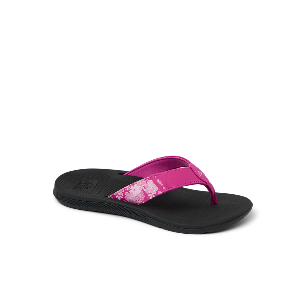 Santa Ana women's pink and black flip flop facing left, featuring cushioned arch support for beach comfort.