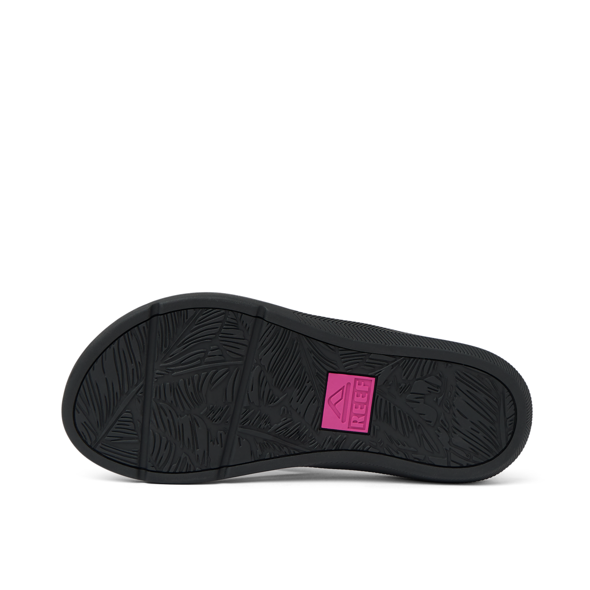 Santa Ana women's sandal sole facing up, showing detailed tread with pink REEF logo, designed for comfort and beach use.