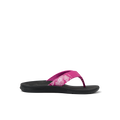 Santa Ana women's flip flop facing left, pink floral strap with black cushioned sole, beach-inspired comfort design.