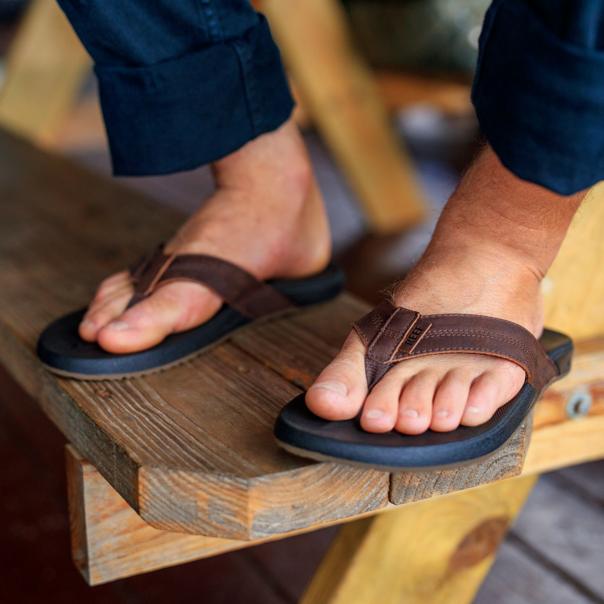 Close-up of the top front view of Cushion Phantom 2.0 Leather men's sandal showing cushioned arch support and soft rebound cushioning.