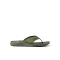 Side view of green Cushion Fanning flip flop sandal with anatomical arch support and soft cushioning for beach comfort