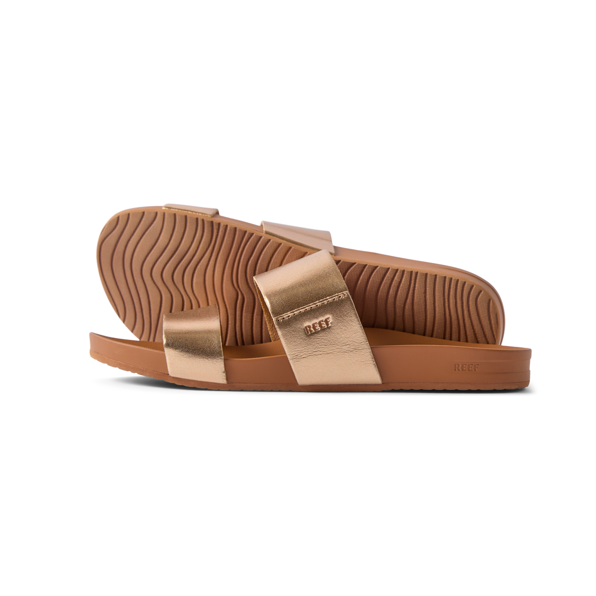 Side view of women's Cushion Vista sandals in bronze with anatomical arch support and soft cushioning for beach comfort.