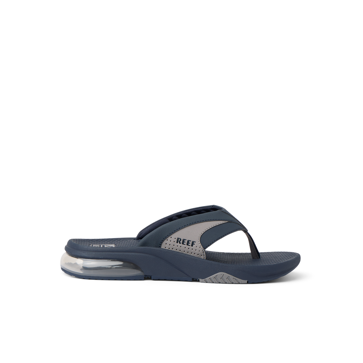 Fanning + men's navy and grey flip flop facing right with soft-rebound cushioning and anatomical arch support