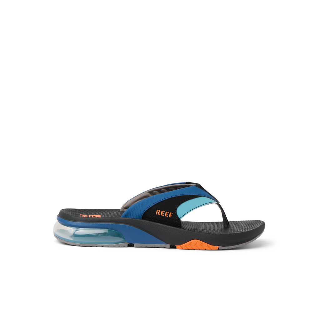 Fanning + men's right-facing blue and black sandal with orange accents, featuring anatomical arch support and soft cushioning.