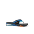 Fanning + men's right-facing blue and black sandal with orange accents, featuring anatomical arch support and soft cushioning.