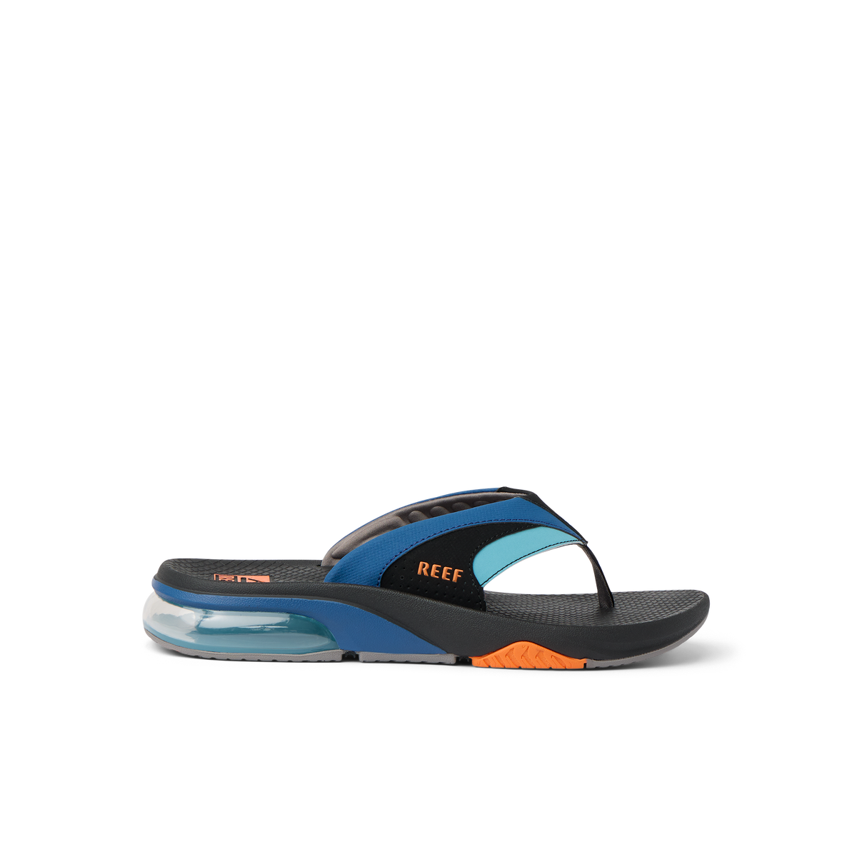 Fanning + men's right-facing blue and black sandal with orange accents, featuring anatomical arch support and soft cushioning.