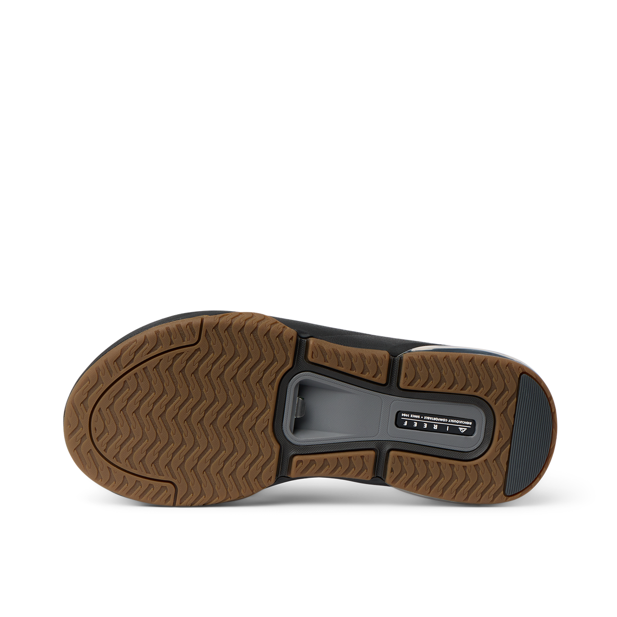 Close-up of the bottom sole of the Fanning + men's shoe in black and gum, showcasing durable, water-friendly traction.