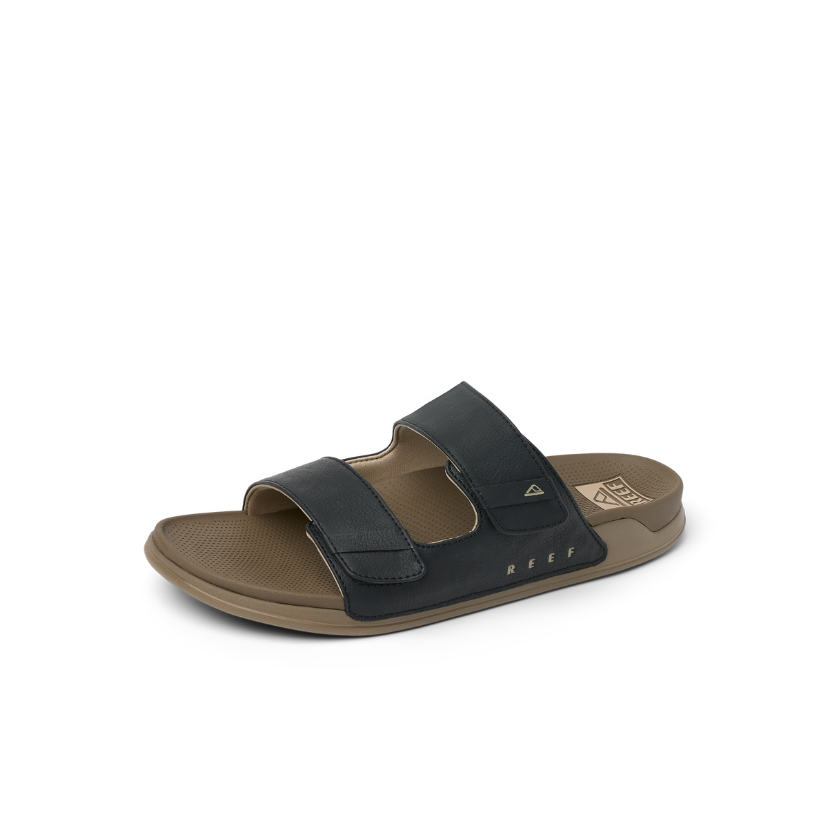 Phantom Tradewind men's black sandals facing right with double straps, cushioned sole, and arch support for beach comfort.