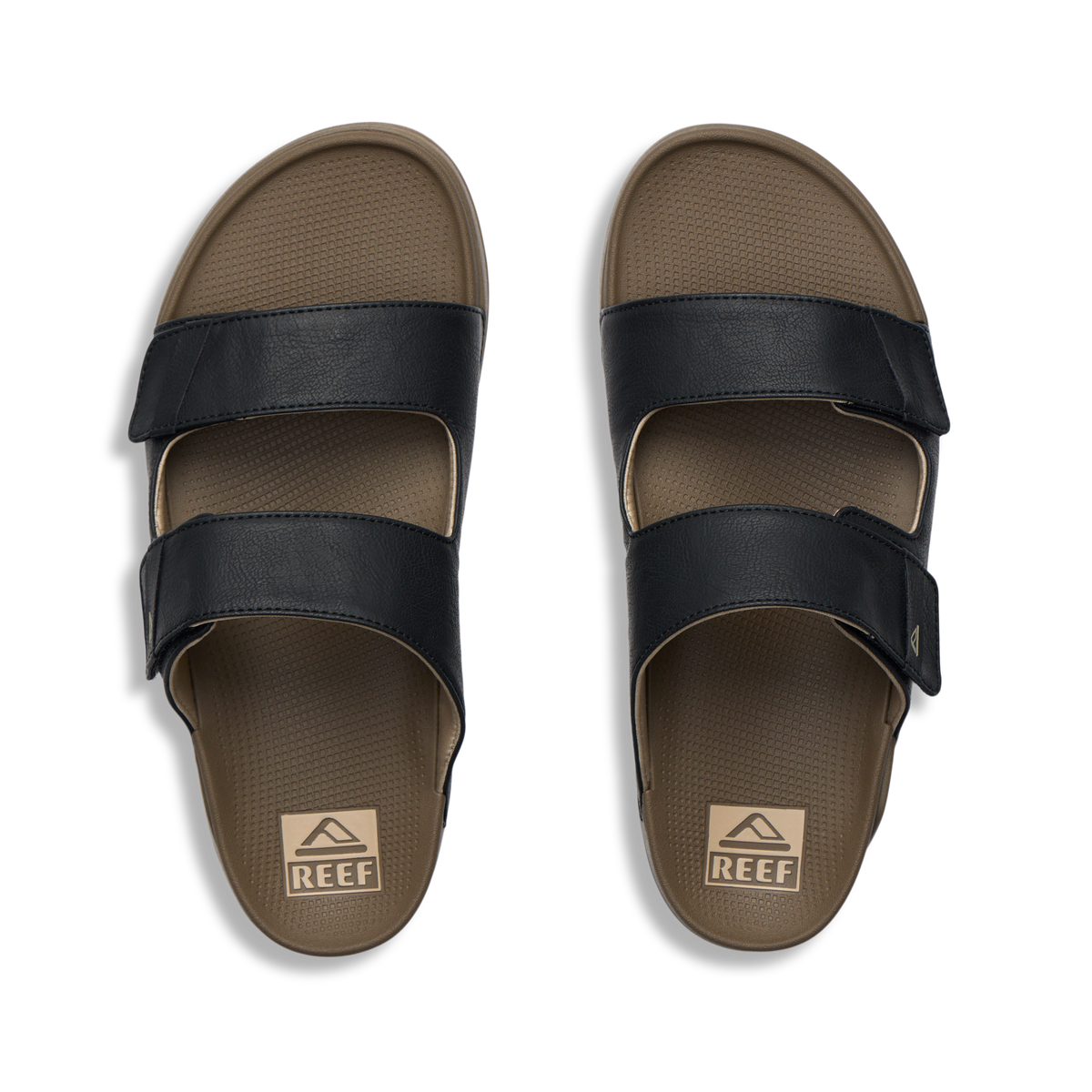 Top-down view of men's Phantom Tradewind sandals in fossil black with dual straps, designed for beach comfort and durability.