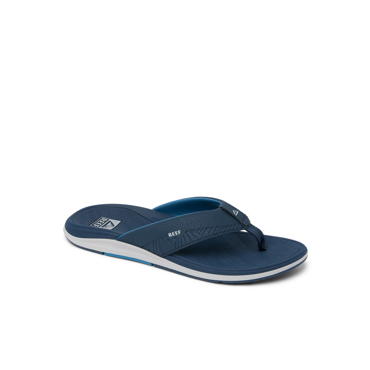 Offshore men’s navy and grey flip flop facing left with anatomical arch support and soft cushioning for beach comfort
